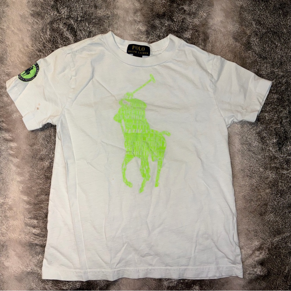 Polo by Ralph Lauren White Tee with Bright Green Logo With Stains